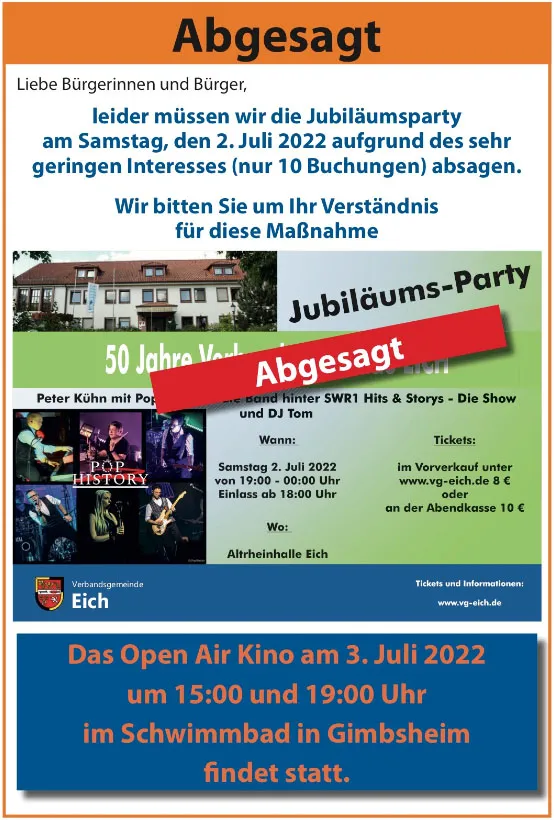 50 Jahre Jubiläumsparty Verbandsgemeinde Eich abgesagt von CDU Verbandsbürgermeister Maximilian Abstein