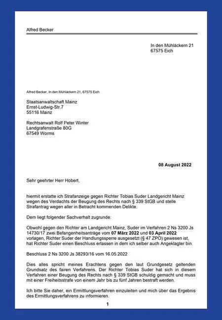 Strafantrag Jürgen Hobert Staatsanwaltschaft Mainz unterstützt Richter Suder LG Mainz nach Erster Strafantrag bei Rechtsbeugung 01